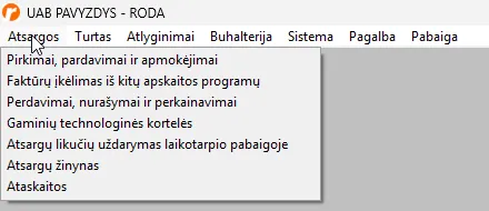 Programos „RODA“ meniu „Atsargos“ su punktu „Faktūrų įkėlimas iš kitų apskaitos programų“