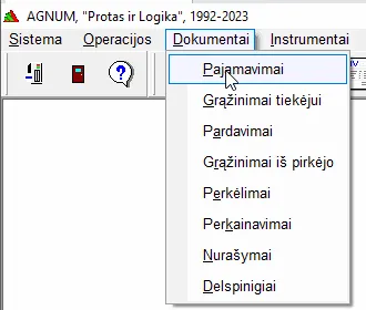 Programos „Agnum“ atvertas meniu „Dokumentai“ su pažymėtu punktu „Pajamavimai“