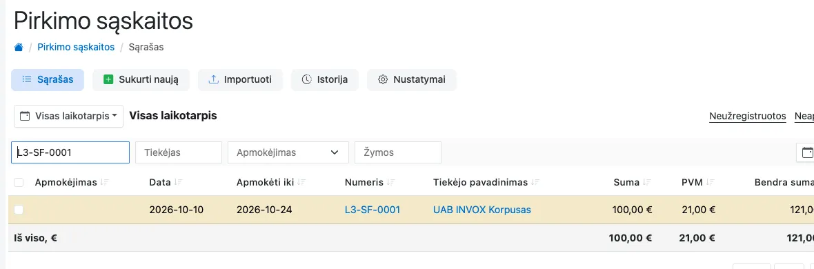 iTax langas „Pirkimo sąskaitos“: virš sąrašo mygtukai „Sąrašas“, „Sukurti naują“, „Importuoti“, „Istorija“ ir „Nustatymai“