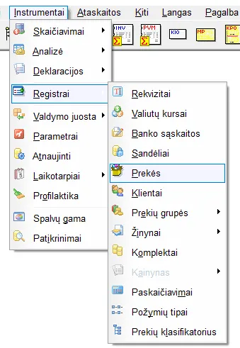 Programos meniu „Instrumentai“ su išskleistu punktu „Registrai“ ir pažymėtu registru „Prekės“