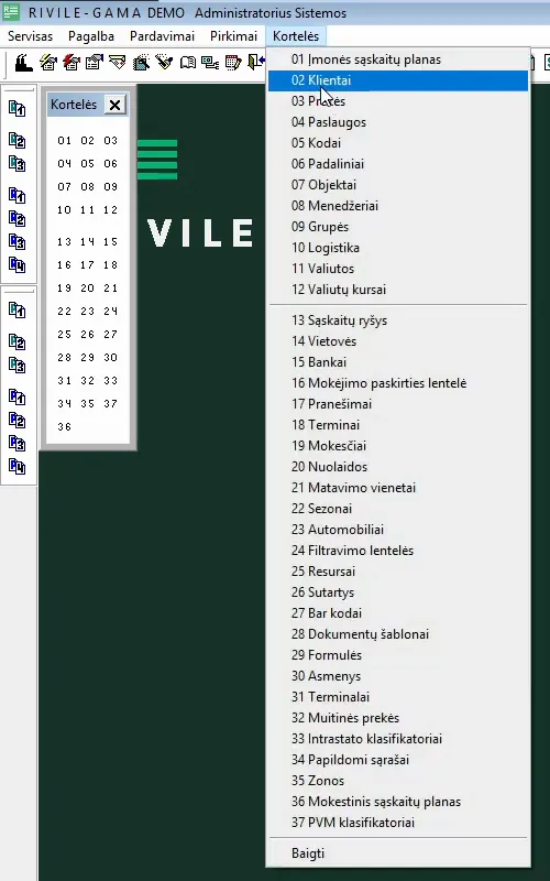 Programos „Rivilė GAMA“ meniu „Kortelės“ su pažymėtu punktu „02 Klientai“