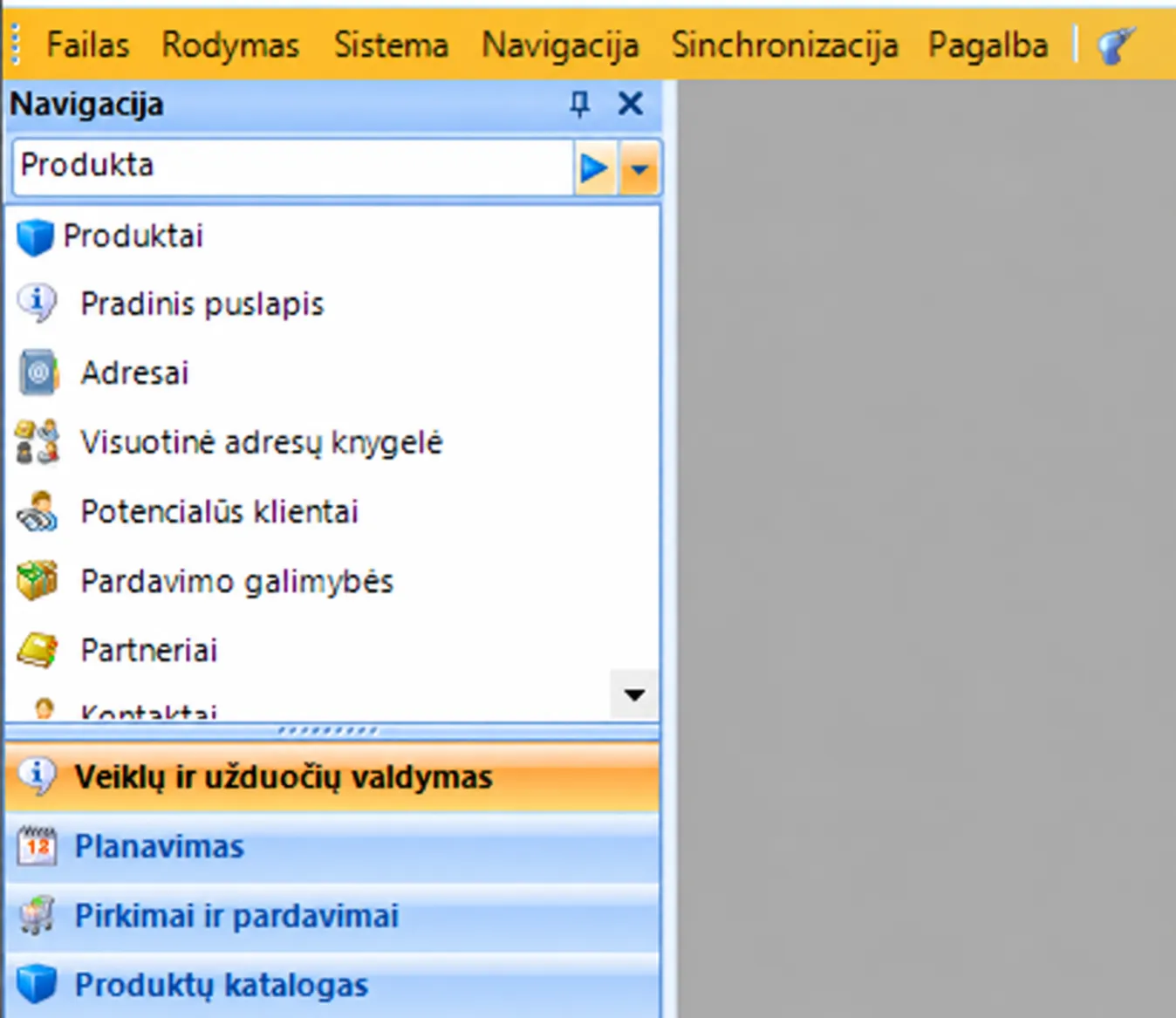 Navigacijos laukas su įrašyta sąrašo pavadinimo pradžia; pasiūlymų sąrašo viršuje – „Produktai“