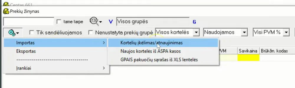 Prekių žinyno krumpliaračio meniu su atvertu „Importas“ ir pažymėtu „Kortelių įkėlimas/atnaujinimas“