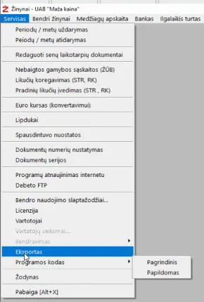 Programos „Žinynai“ meniu „Servisas“ su pažymėta komanda „Eksportas“