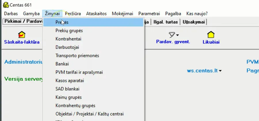 Programos „Centas“ langas su išskleistu meniu „Žinynai“ ir pažymėtu punktu „Prekės“