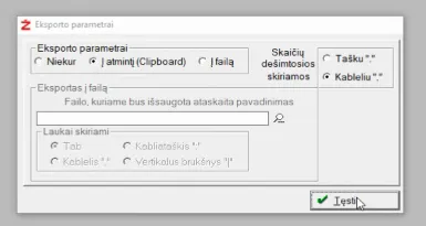 Langas „Eksporto parametrai“ su pažymėtu „Į atmintį (Clipboard)“ ir mygtuku „Tęsti“