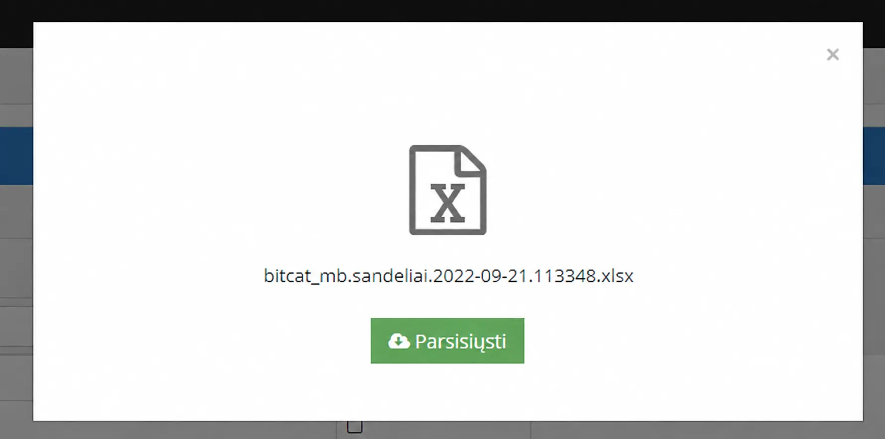 Programos langas su parengto XLSX failo pavadinimu ir žaliu mygtuku „Parsisiųsti“