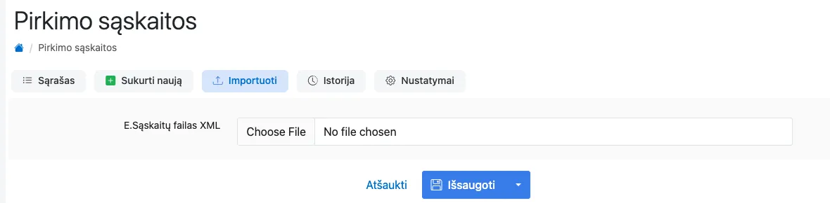 iTax įkėlimo forma: laukas „E.Sąskaitų failas XML“ ir mygtukas „Išsaugoti“