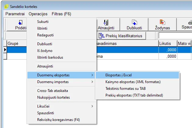 Registro lango meniu „Operacijos“ su išskleistu „Duomenų eksportas“ ir pažymėta komanda „Eksportas į Excel“