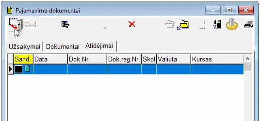 Langas „Pajamavimo dokumentai“ su atvertu skirtuku „Atidėjimai“
