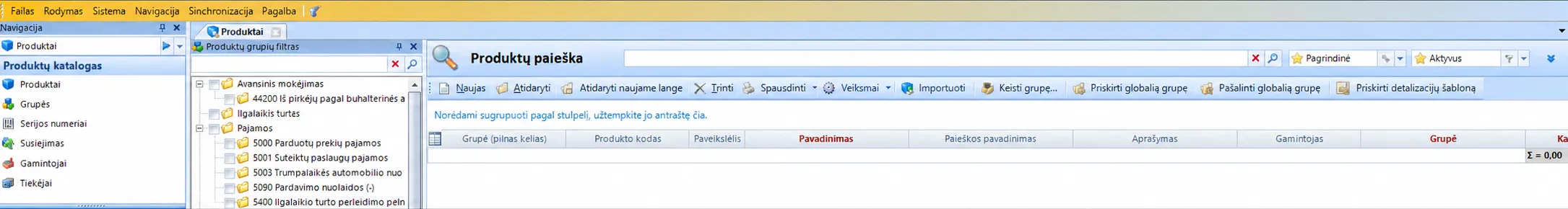 Produktų langas su tuščia lentele; viršuje – paieškos laukas su didinamojo stiklo ženkliuku ir komandų juosta