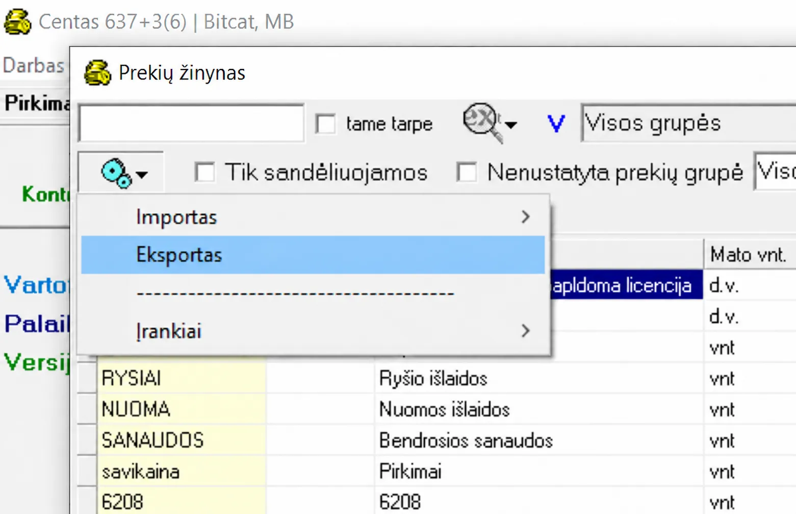 Prekių žinyno langas su išskleistu krumpliaračio ženkliuko meniu ir pažymėtu punktu „Eksportas“