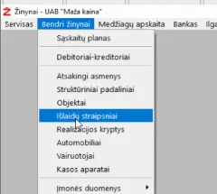 Meniu „Bendri žinynai“ su pažymėtu „Išlaidų straipsniai“