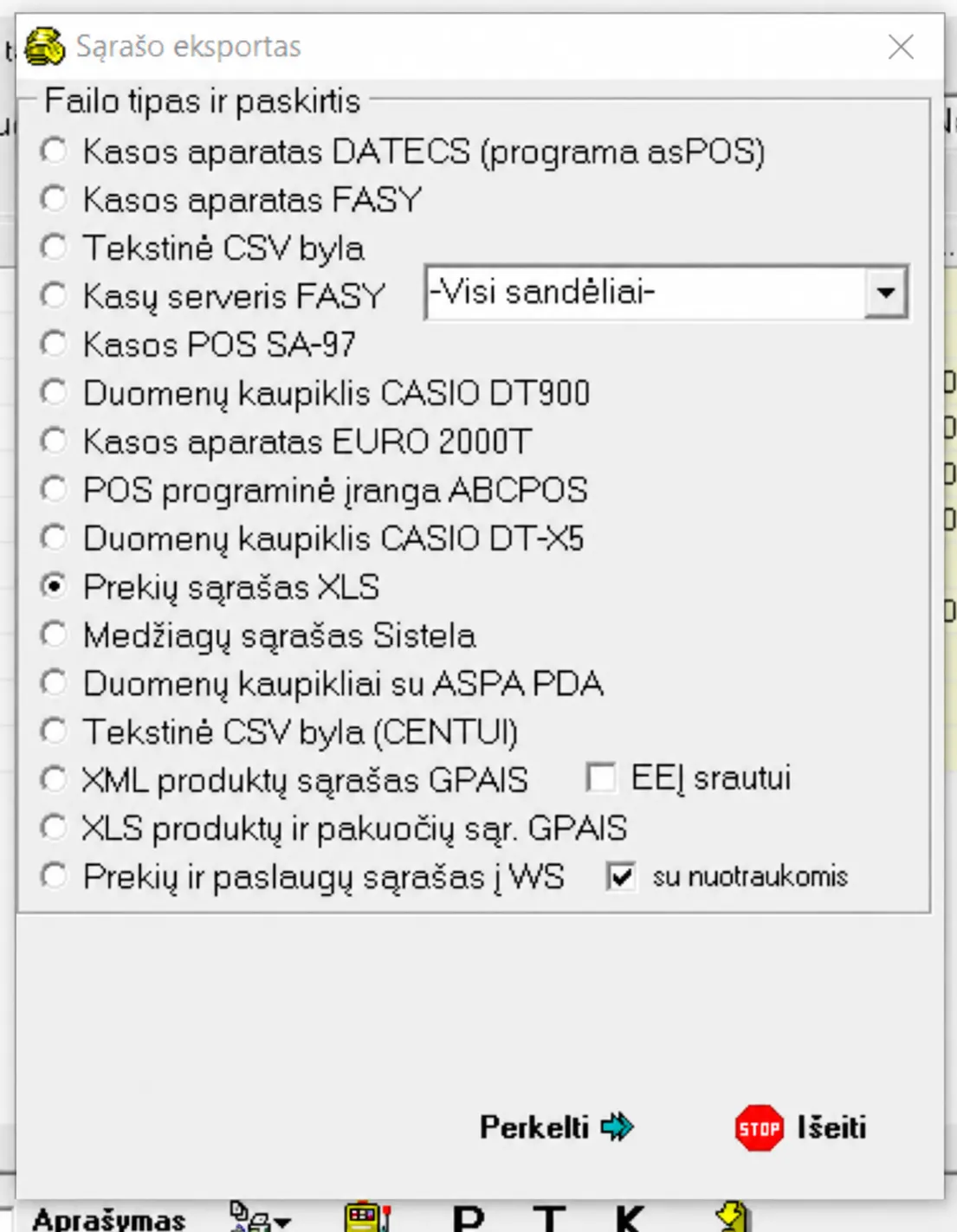 Sąrašo eksporto langas su pažymėtu formatu „Prekių sąrašas XLS“ ir mygtuku „Perkelti“ apačioje