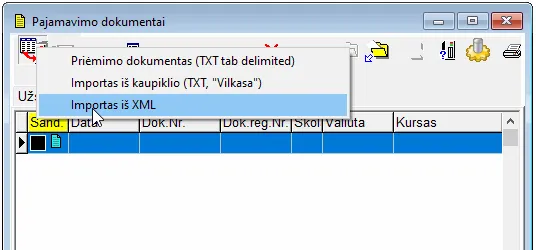 Lango „Pajamavimo dokumentai“ importo sąrašas su pažymėtu punktu „Importas iš XML“