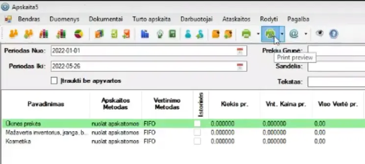 Programos „Apskaita5“ ataskaitos langas su laikotarpio filtrais ir įrankių juostoje užvestu spausdinimo peržiūros ženkliuku, prie kurio rodomas paaiškinimas „Print preview“