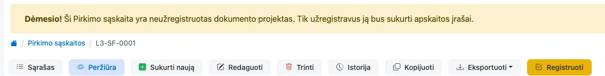 Įkelta iTax pirkimo sąskaita: pranešimas „Dėmesio! Ši Pirkimo sąskaita yra neužregistruotas dokumento projektas…“ ir mygtukas „Registruoti“