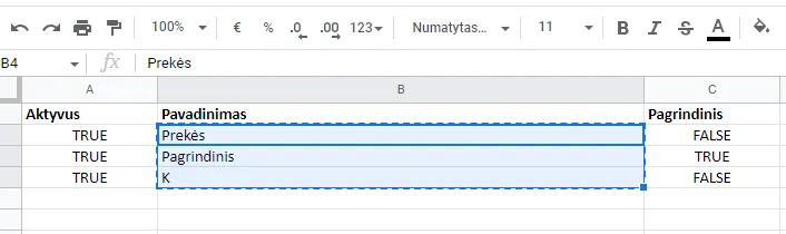 Sandėlių failas skaičiuoklėje su pažymėtu stulpeliu „Pavadinimas“ tarp požymių stulpelių