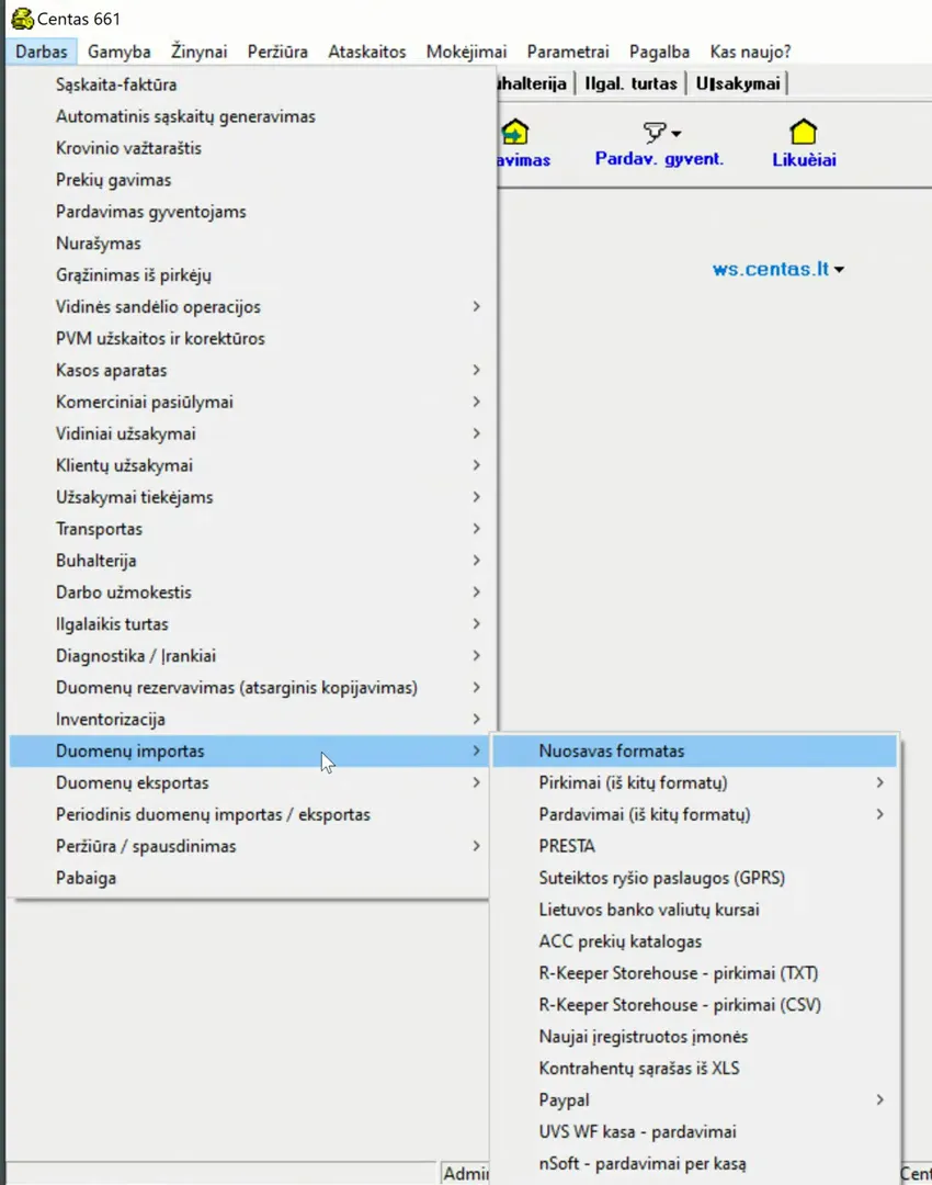 Meniu „Darbas“ su atvertu „Duomenų importas“ ir pažymėtu „Nuosavas formatas“