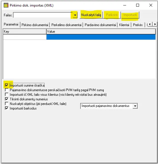 Langas „Pirkimo dok. importas (XML)“ su lauku „Failas:“, mygtukais „Nuskaityti failą“, „Patikrinti“, „Importuoti“ ir pažymėta varnele „Importuoti sumine išraiška“