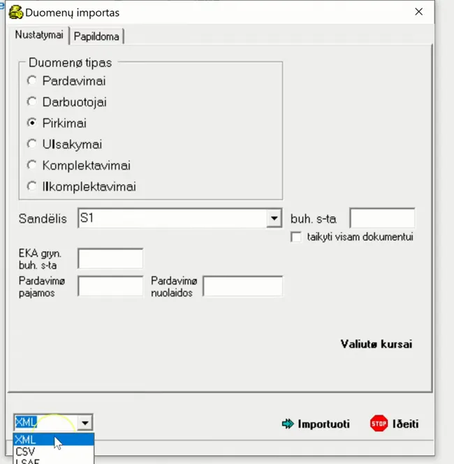 Duomenų importo langas su pažymėtu „Pirkimai“ ir atvertu formato sąrašu, kuriame parinktas XML