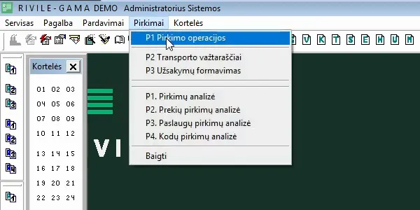 Meniu „Pirkimai“ su pažymėtu punktu „P1 Pirkimo operacijos“
