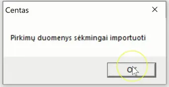 Programos pranešimas „Pirkimų duomenys sėkmingai importuoti“