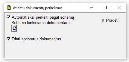 Langas „Atidėtų dokumentų perkėlimas“ su parinktimi „Automatiškai perkelti pagal schemą“ ir mygtuku „Pradėti“