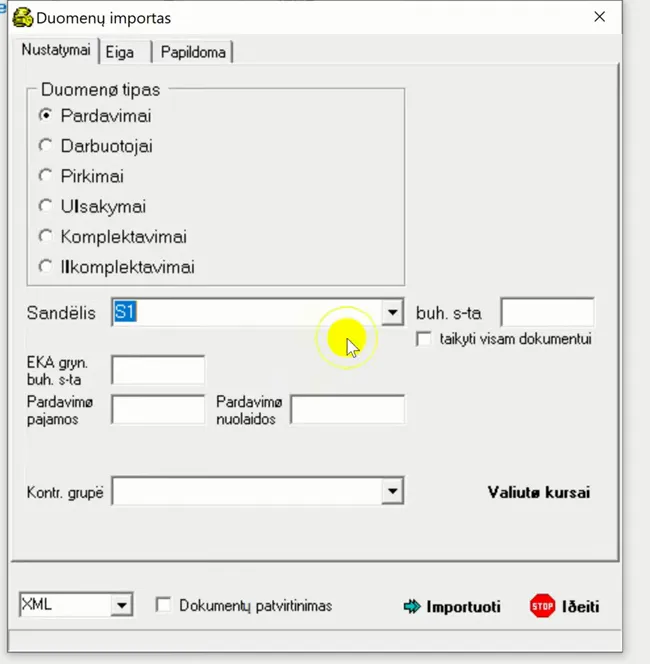 Duomenų importo langas su pažymėtu „Pardavimai“ ir formatu XML