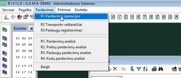 Meniu „Pardavimai“ su pažymėtu punktu „R1 Pardavimo operacijos“