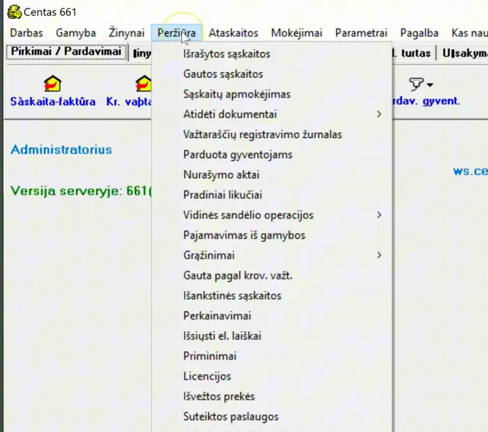 Atvertas meniu „Peržiūra“ su eilutėmis „Išrašytos sąskaitos“ ir „Gautos sąskaitos“