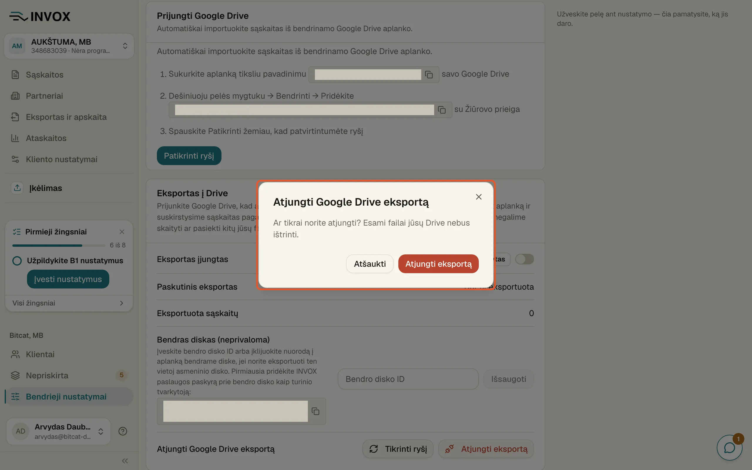 Langas „Atjungti Google Drive eksportą“: klausimas „Ar tikrai norite atjungti? Esami failai jūsų Drive nebus ištrinti.“ ir mygtukai „Atšaukti“ ir „Atjungti eksportą“.