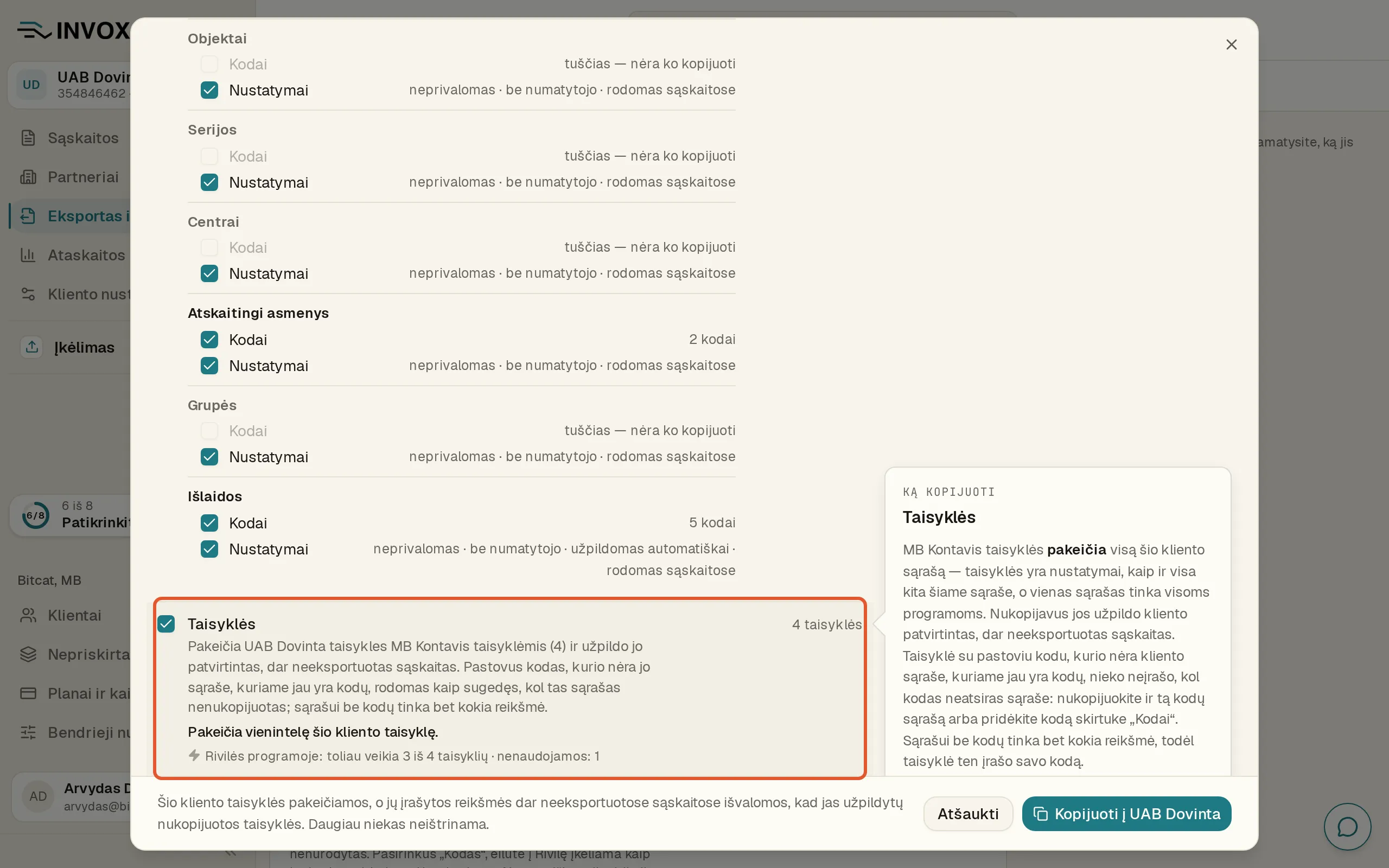 Nustatymų kopijavimo lange pažymėta eilutė „Taisyklės“ (4 taisyklės): „Pakeičia vienintelę šio kliento taisyklę.“ ir „Rivilės programoje: toliau veikia 3 iš 4 taisyklių · nenaudojamos: 1“.