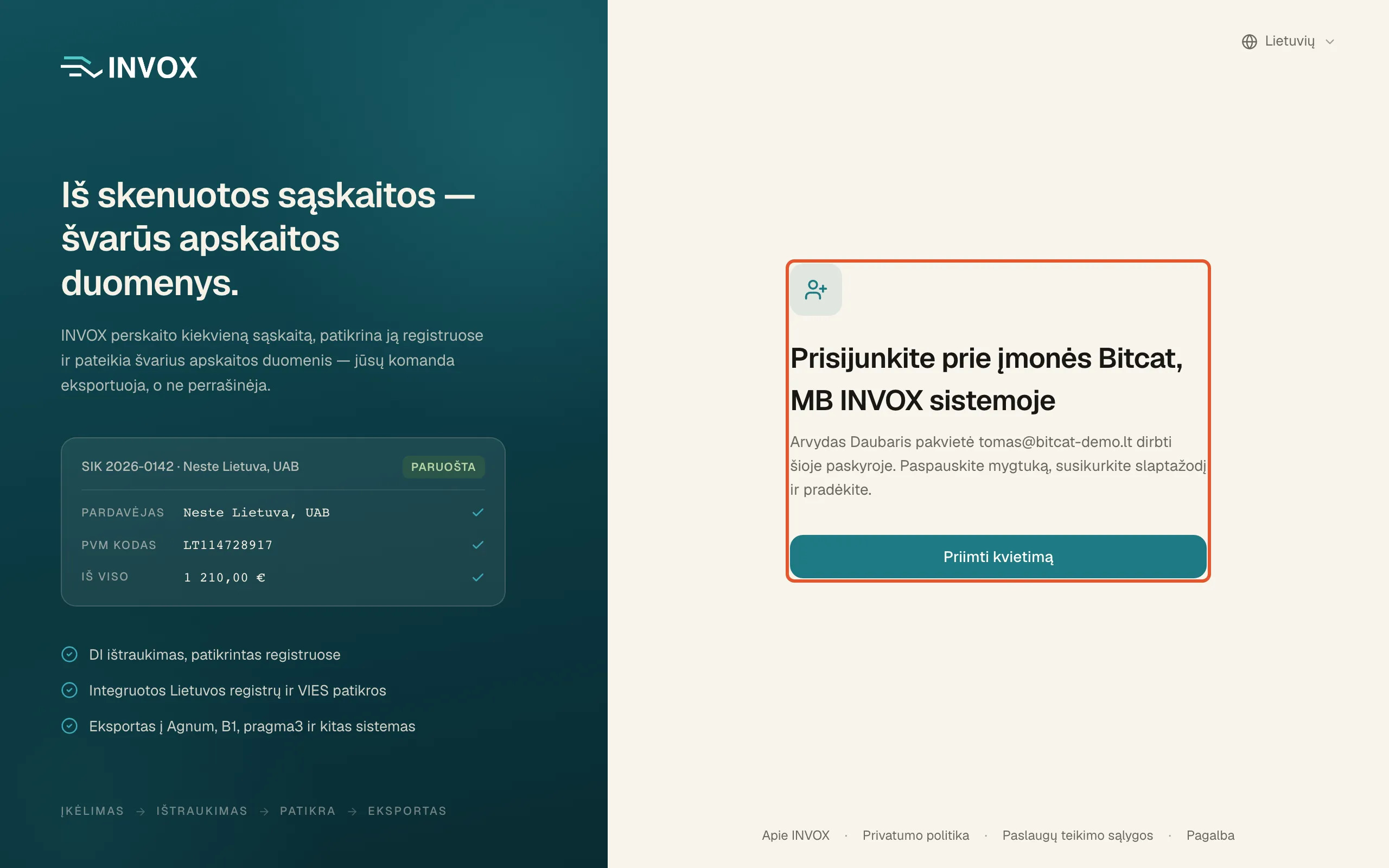 Kvietimo puslapis „Prisijunkite prie įmonės Bitcat, MB INVOX sistemoje“: parašyta, kad Arvydas Daubaris pakvietė tomas@bitcat-demo.lt, žemiau mygtukas „Priimti kvietimą“.