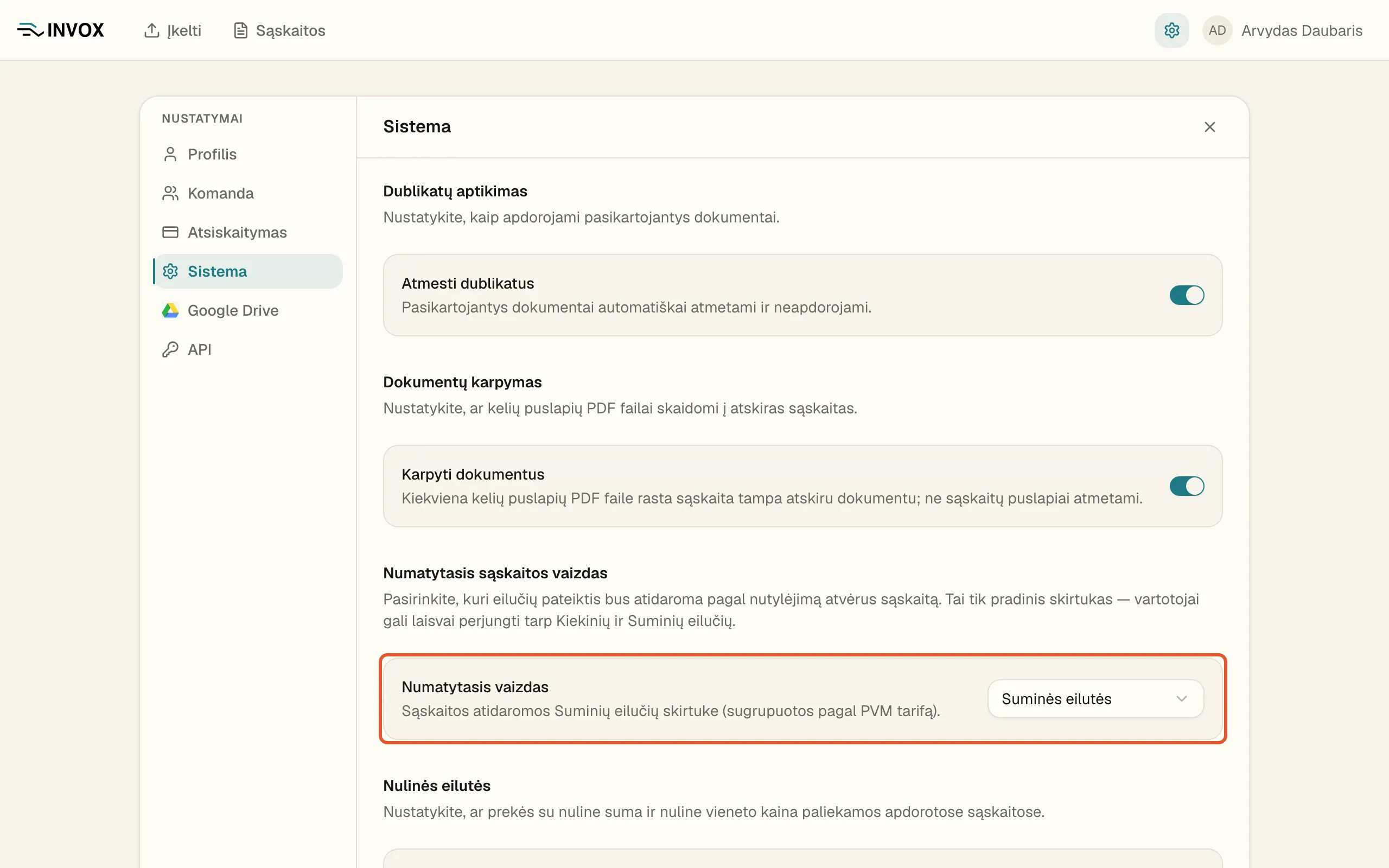Nuostata „Numatytasis sąskaitos vaizdas“ su pažymėtu lauku „Numatytasis vaizdas“, kuriame pasirinkta „Suminės eilutės“