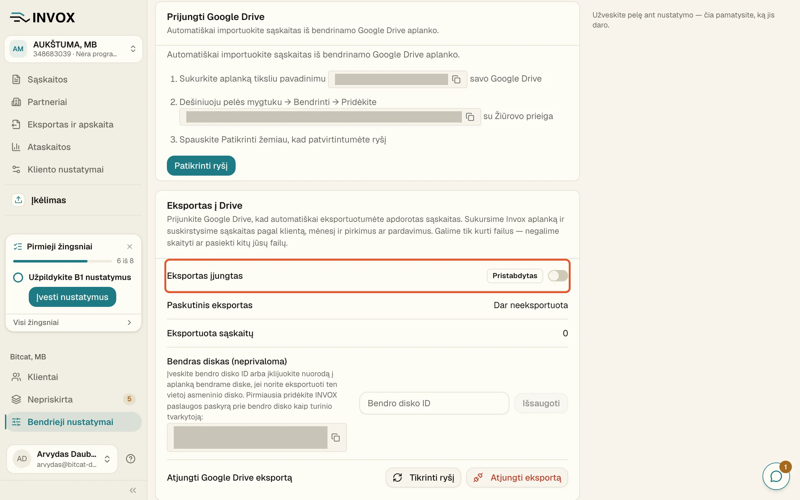 Eilutė „Eksportas įjungtas“ su žyma „Pristabdytas“ ir išjungtu jungikliu.