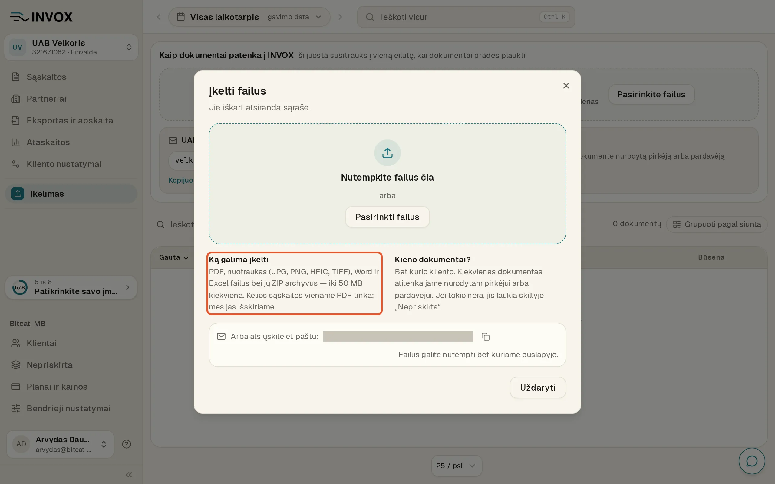 Lango „Įkelti failus“ dalis „Ką galima įkelti“: PDF, nuotraukos su TIFF, Word ir Excel failai bei jų ZIP archyvai, iki 50 MB kiekvienas.