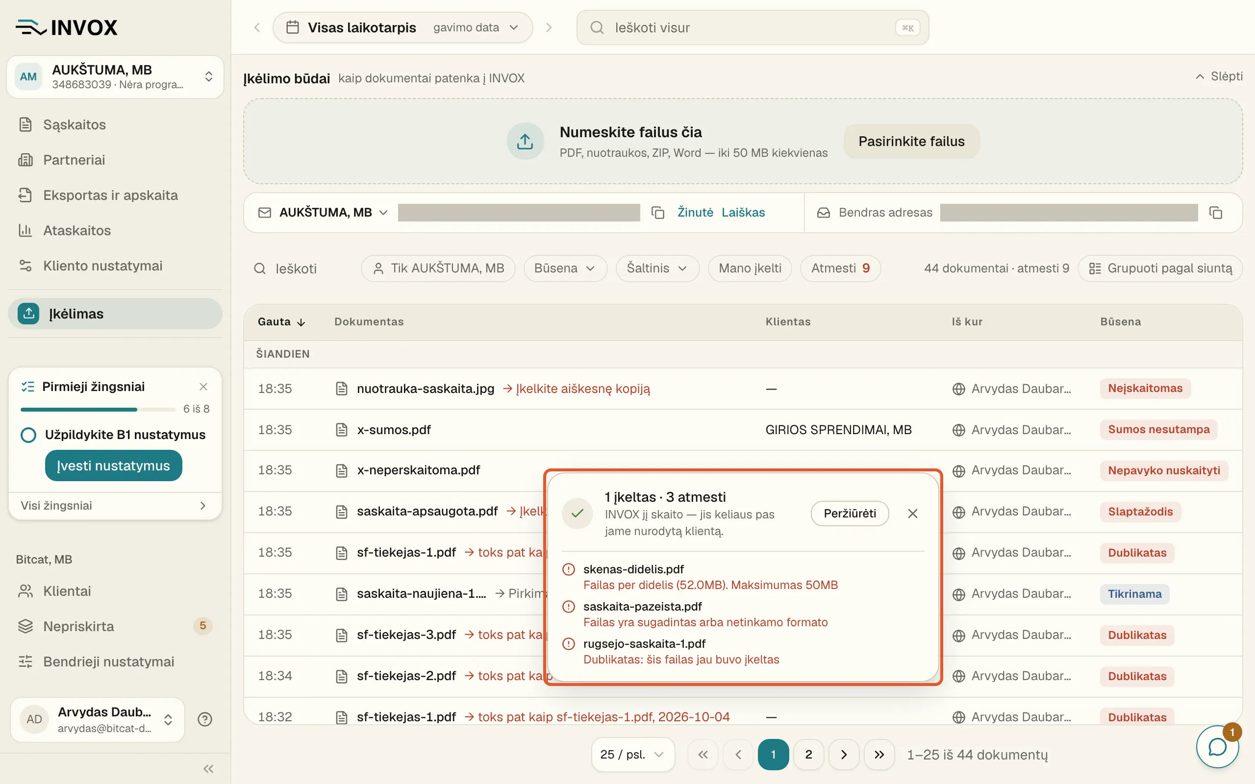 Įkėlimo langelis „1 įkeltas · 3 atmesti“: „Failas per didelis (52.0MB). Maksimumas 50MB“, „Failas yra sugadintas arba netinkamo formato“ ir „Dublikatas: šis failas jau buvo įkeltas“.