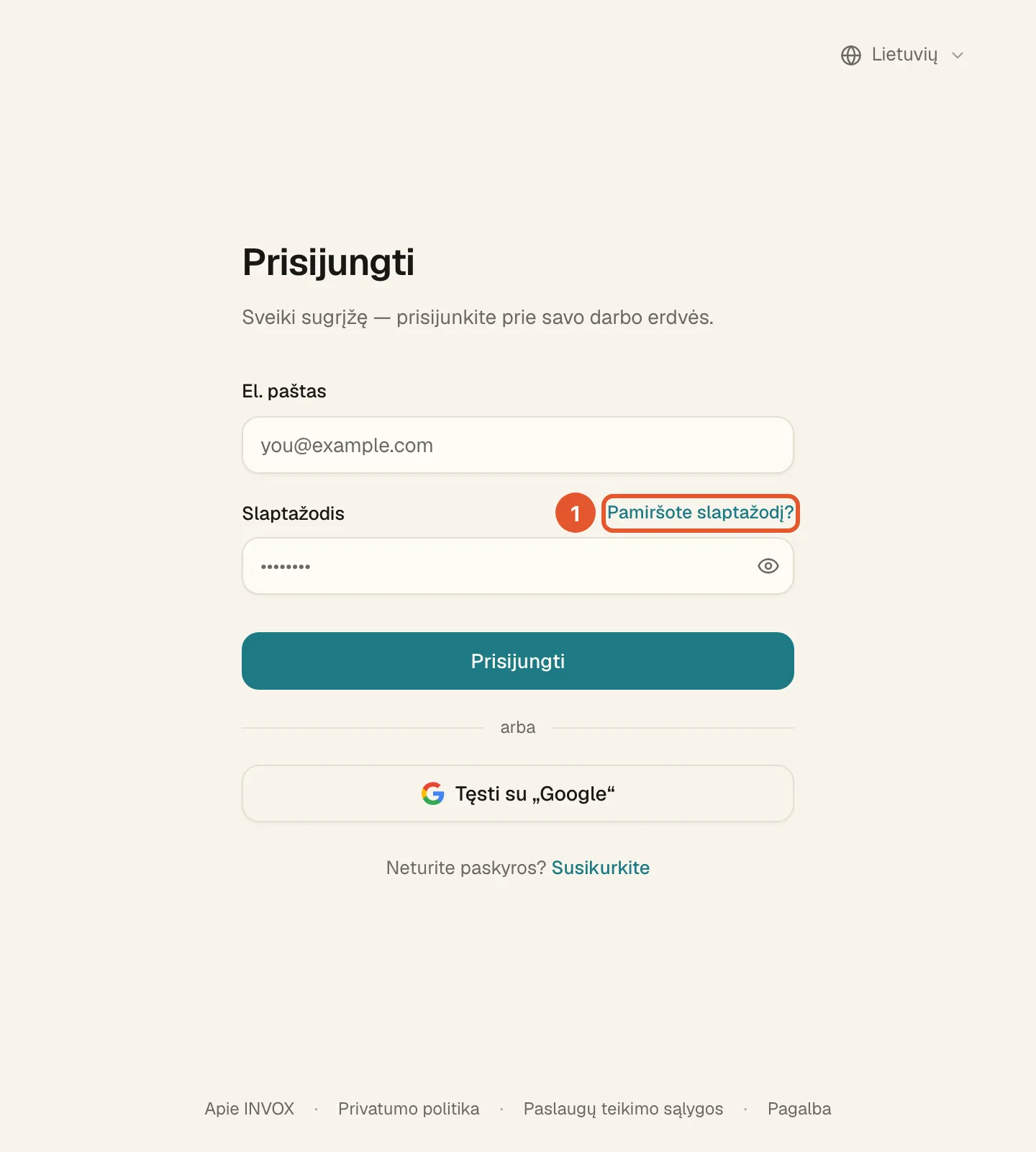 Prisijungimo langas: eilutėje „Slaptažodis“ pažymėta nuoroda „Pamiršote slaptažodį?“.