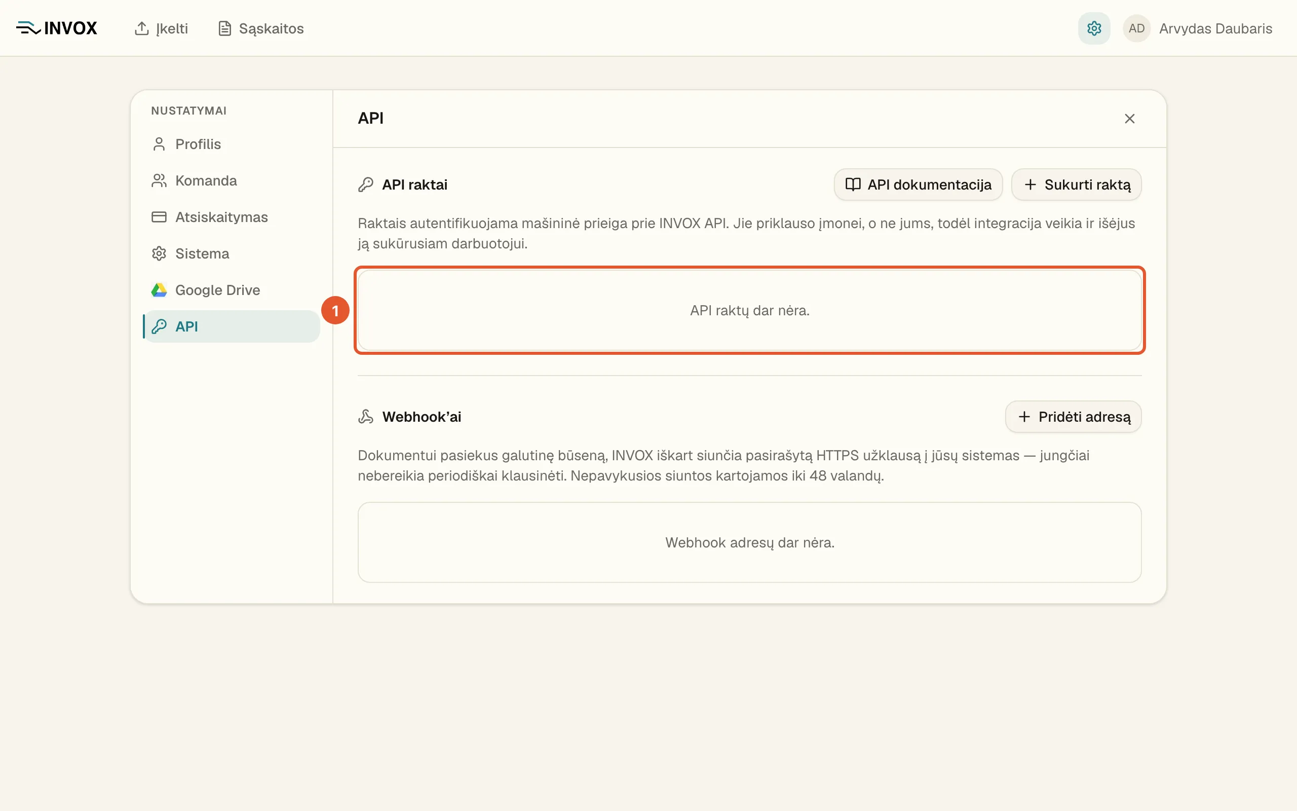 Nustatymų skiltis „API“ su pažymėtu tuščiu raktų sąrašu „API raktų dar nėra.“; virš jo – nuoroda „API dokumentacija“ ir mygtukas „Sukurti raktą“