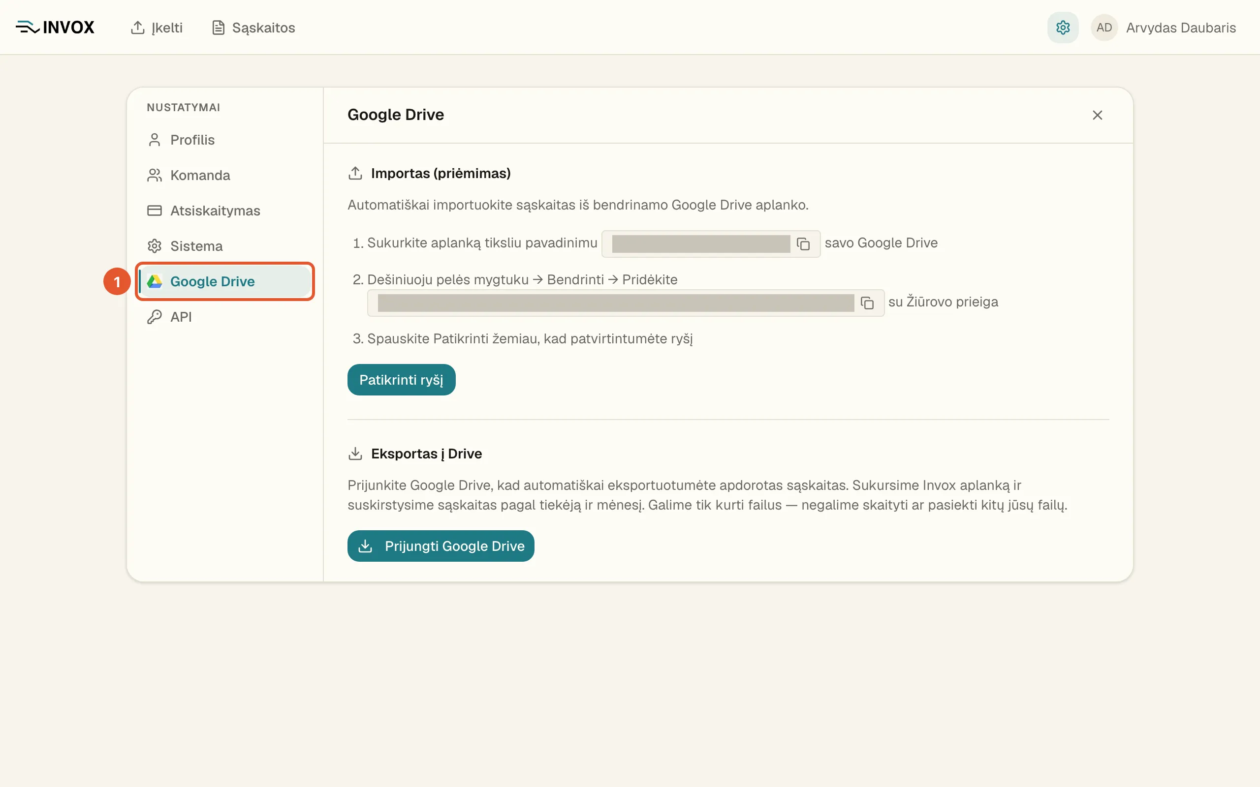 Nustatymų sąrašas su pažymėta skiltimi „Google Drive“; puslapyje matyti abi dalys – „Importas (priėmimas)“ ir „Eksportas į Drive“