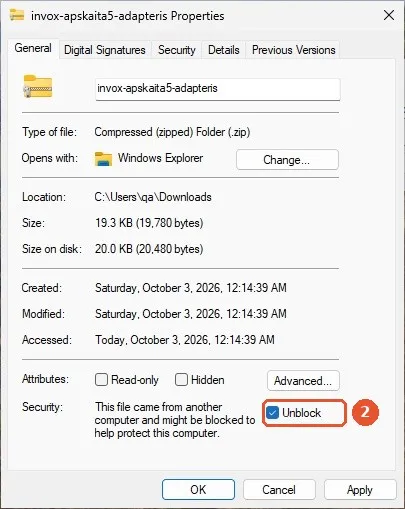 Archyvo „invox-apskaita5-adapteris“ langas „Properties“ angliškoje „Windows“: apačioje pažymėtas langelis „Unblock“.