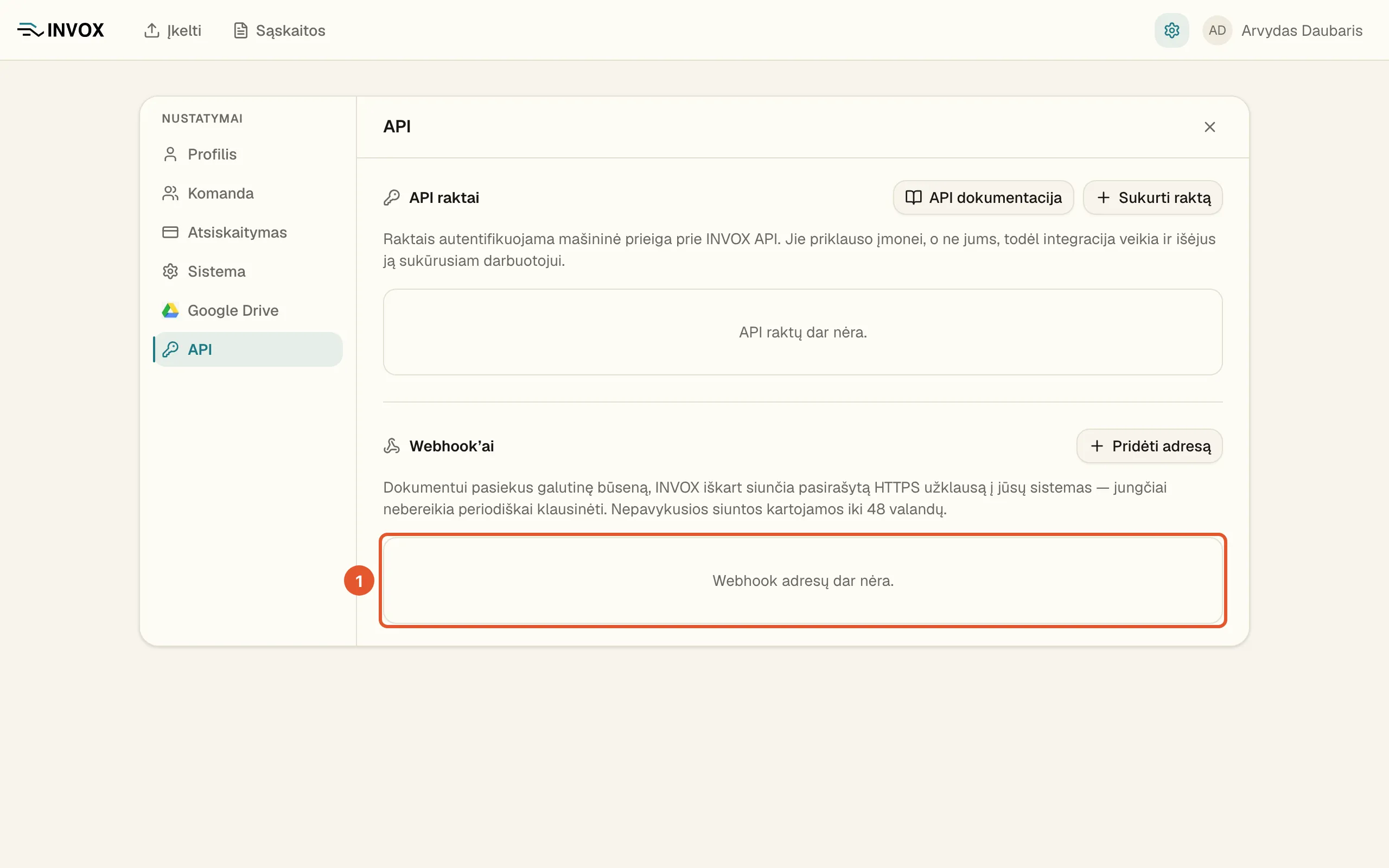Skilties „API“ apačioje pažymėta dalis „Webhook’ai“ su užrašu „Webhook adresų dar nėra.“