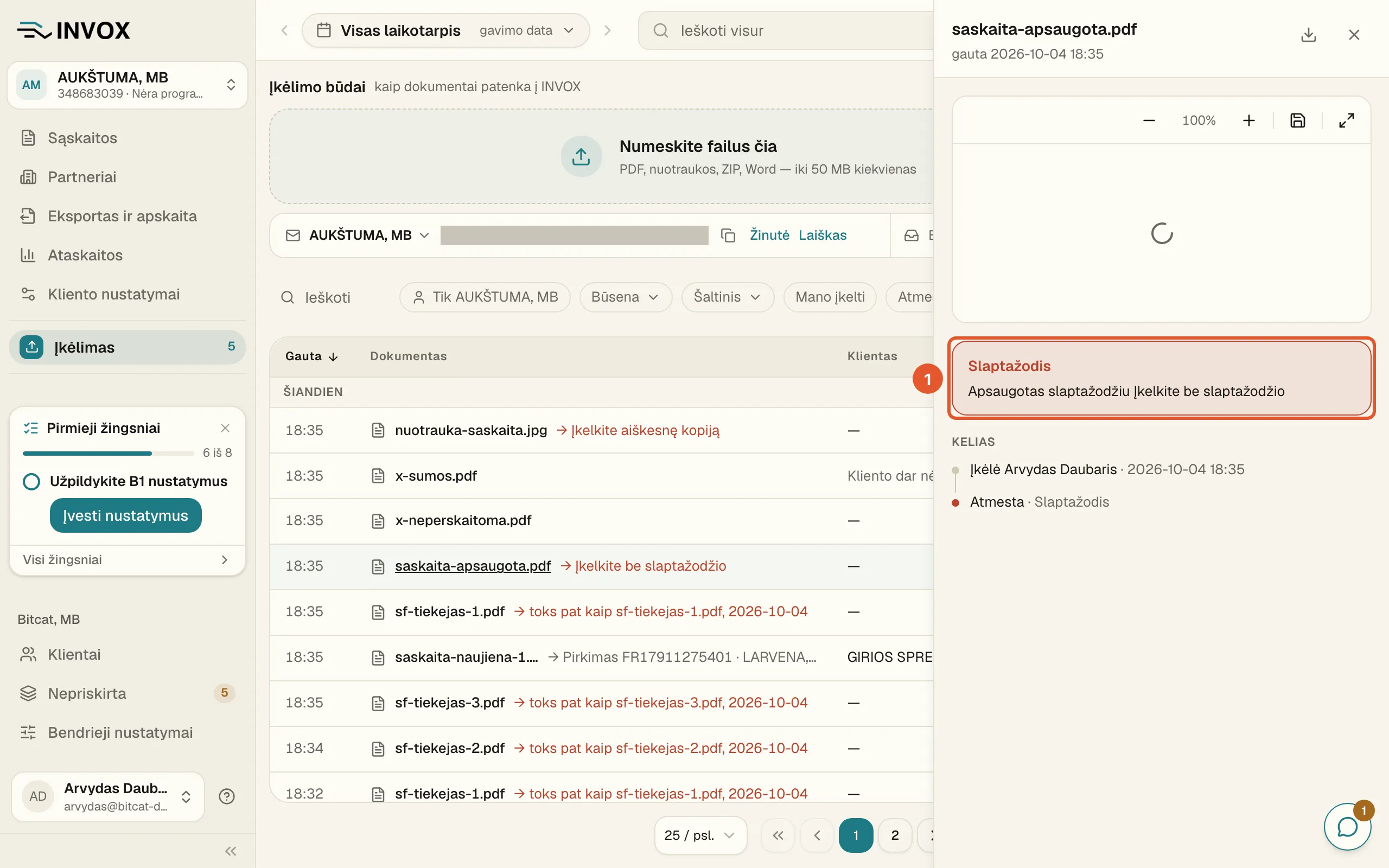 Atmesto PDF failo skydelis: pažymėta priežastis „Slaptažodis“ su tekstu „Apsaugotas slaptažodžiu“ ir patarimu „Įkelkite be slaptažodžio“.
