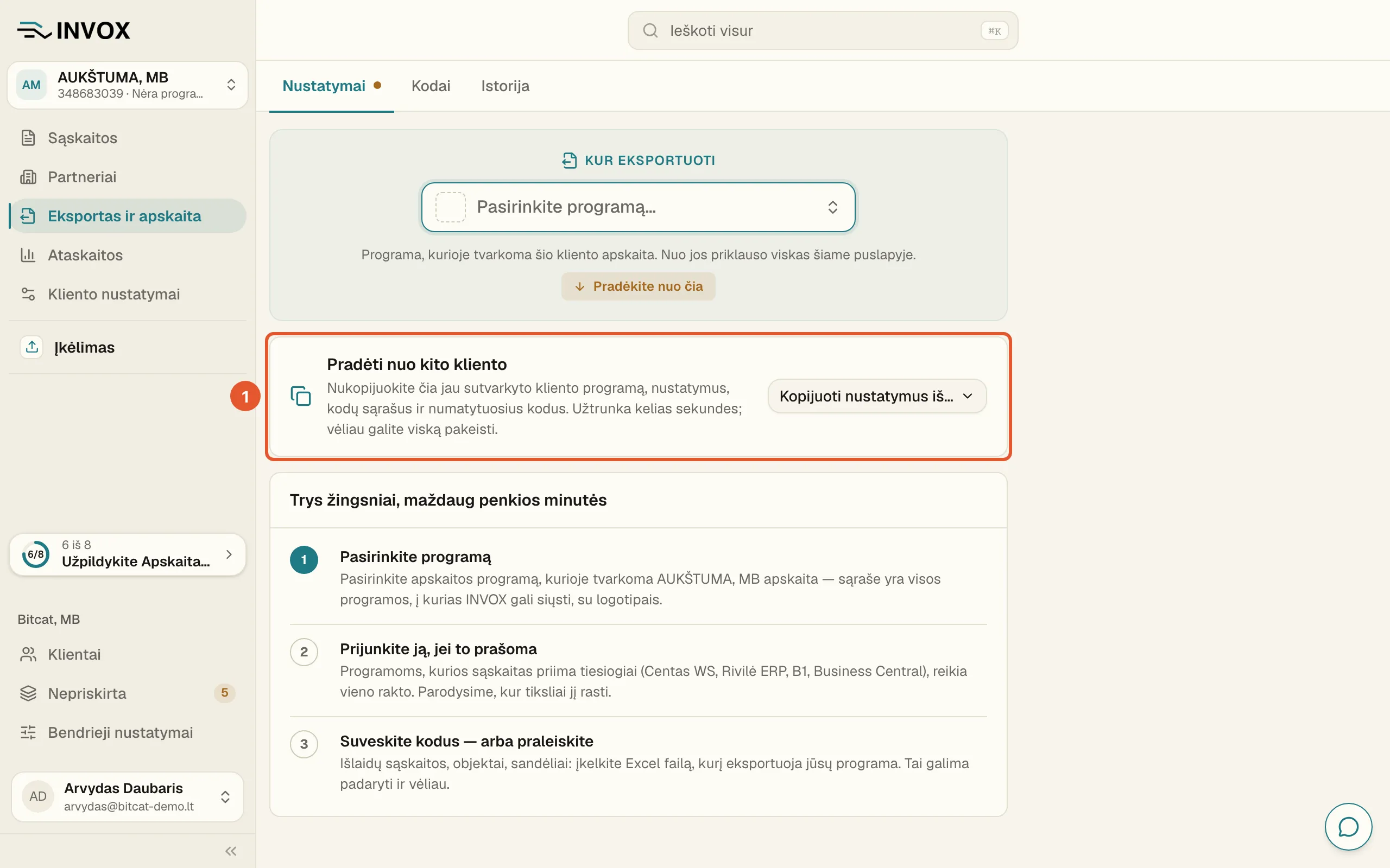 Klientas be programos: pažymėta kortelė „Pradėti nuo kito kliento“ su mygtuku „Kopijuoti nustatymus iš…“.