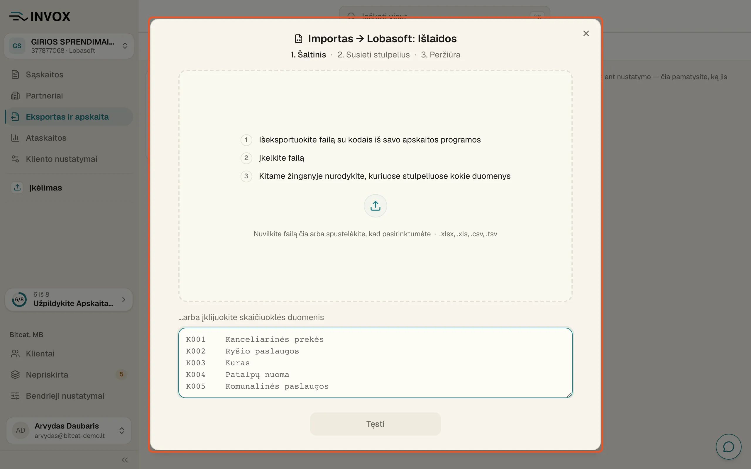 Importo langas „Importas → Lobasoft: Išlaidos“ žingsnyje „1. Šaltinis“: failo laukas ir teksto laukas eilutėms įklijuoti