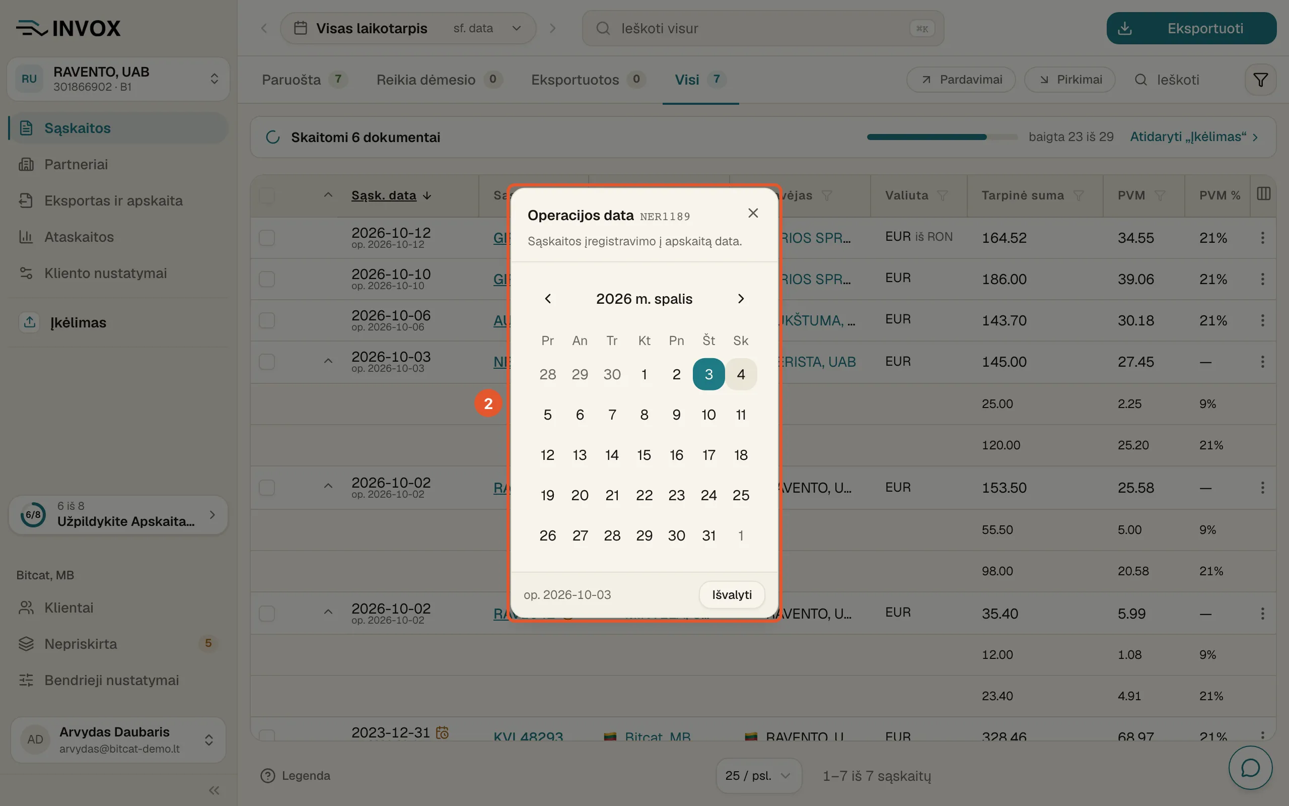 Langas „Operacijos data“ su kalendoriumi ir mygtuku „Išvalyti“.