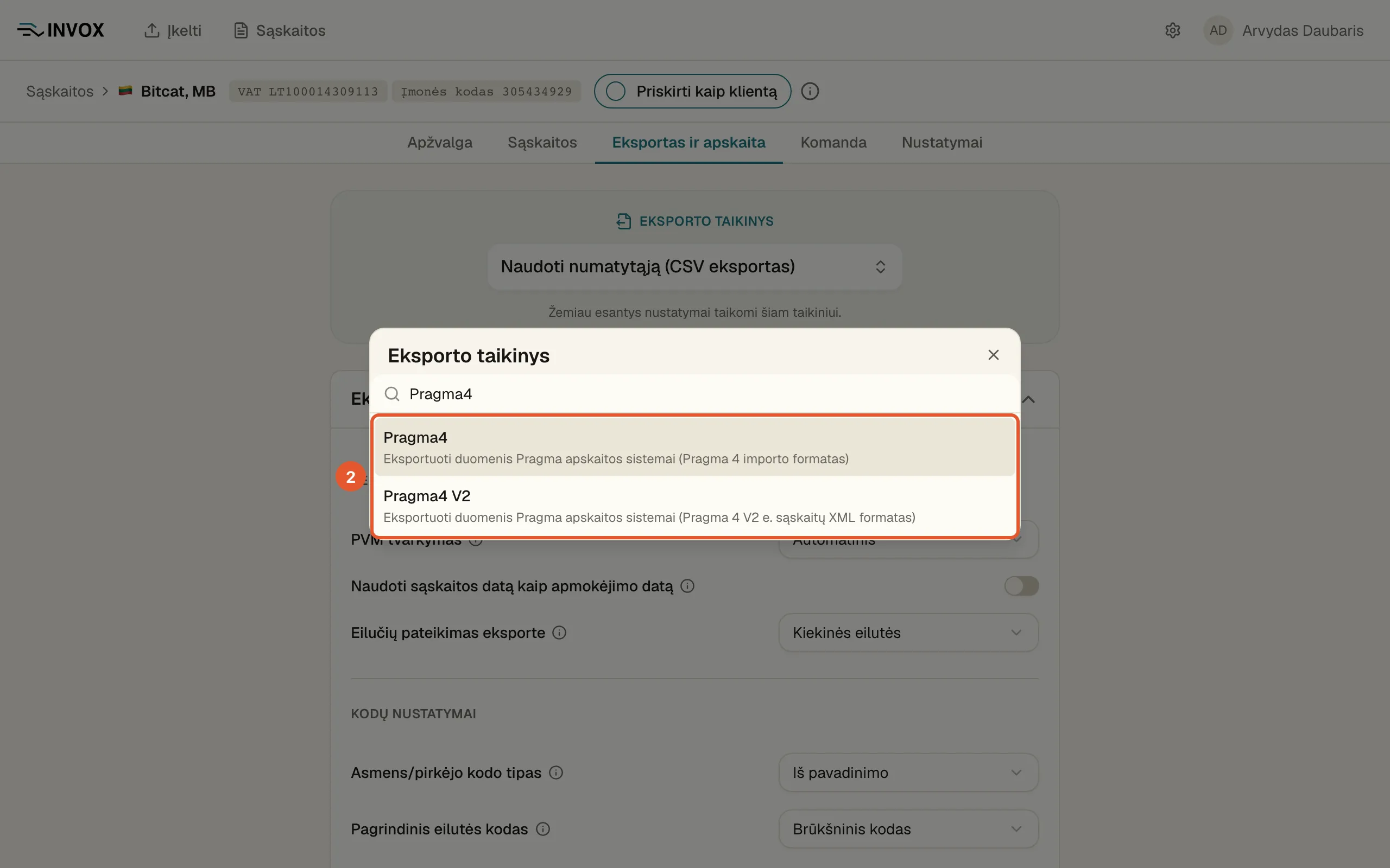 Formatų langas su įrašyta paieška ir pažymėtomis eilutėmis „Pragma4“ ir „Pragma4 V2“