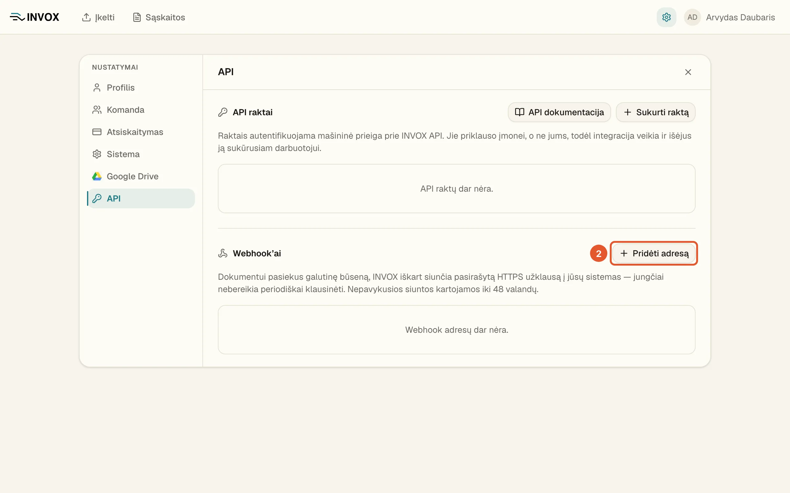 Dalies „Webhook’ai“ dešinėje pažymėtas mygtukas „Pridėti adresą“