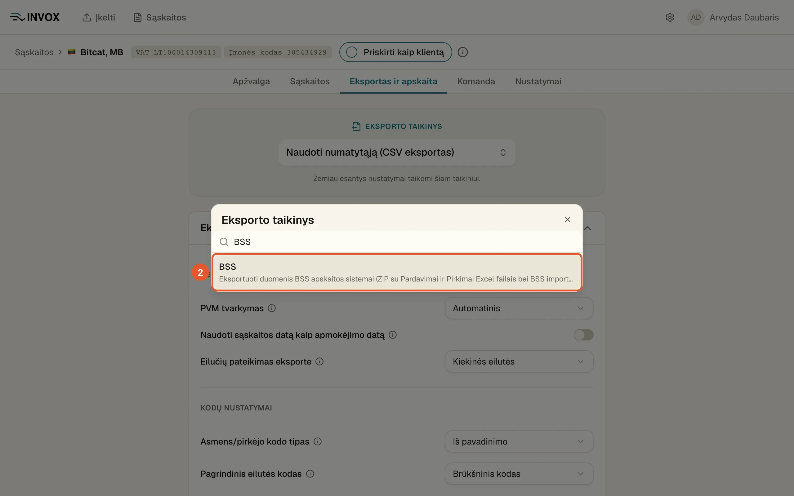 Formatų langas su įrašyta paieška ir pažymėta eilute „BSS“